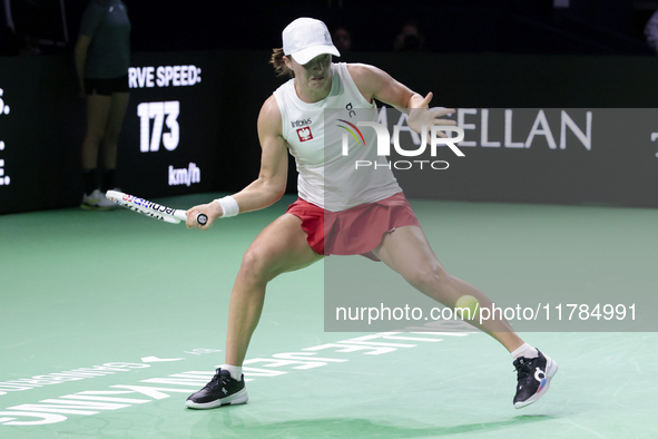 Iga Swiatek of Poland competes during the Billie Jean King Cup match between Poland and Czechia at Palacio de los Deportes Martin Carpena in...