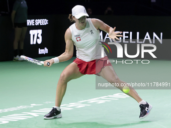 Iga Swiatek of Poland competes during the Billie Jean King Cup match between Poland and Czechia at Palacio de los Deportes Martin Carpena in...