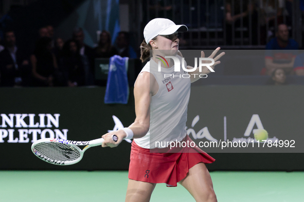 Iga Swiatek of Poland competes during the Billie Jean King Cup match between Poland and Czechia at Palacio de los Deportes Martin Carpena in...