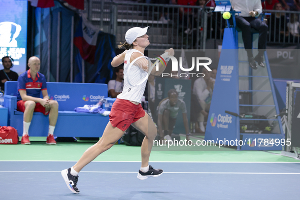 Iga Swiatek of Poland competes during the Billie Jean King Cup match between Poland and Czechia at Palacio de los Deportes Martin Carpena in...