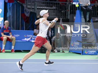 Iga Swiatek of Poland competes during the Billie Jean King Cup match between Poland and Czechia at Palacio de los Deportes Martin Carpena in...