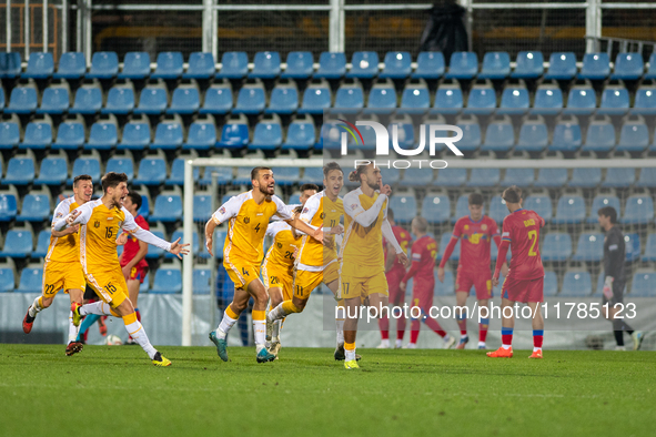 Moldova players celebrate after scoring a goal during the UEFA Nations League 2024 - League phase - Matchday 4 match between Andorra and Mol...