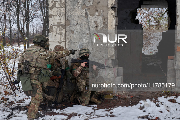 New soldiers of the 57th Otaman Kost Hordiienko Motorized Brigade practice assault skills in the Kharkiv region, Ukraine, on November 14, 20...