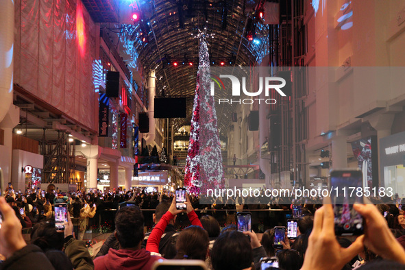 A large crowd gathers to witness the annual Christmas tree lighting ceremony at CF Toronto Eaton Centre in Ontario, Canada, on November 13,...