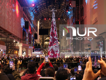 A large crowd gathers to witness the annual Christmas tree lighting ceremony at CF Toronto Eaton Centre in Ontario, Canada, on November 13,...