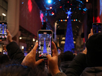 A large crowd gathers to witness the annual Christmas tree lighting ceremony at CF Toronto Eaton Centre in Ontario, Canada, on November 13,...