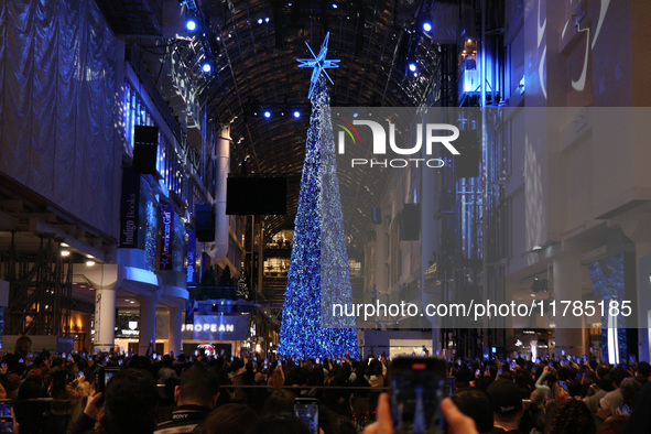 A large crowd gathers to witness the annual Christmas tree lighting ceremony at CF Toronto Eaton Centre in Ontario, Canada, on November 13,...