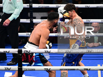 Jonathan Kogasso and Roberto Lizzi fight during the match for the Italian light heavyweight title at TAF 7 at Allianz Cloud Milano in Milan,...