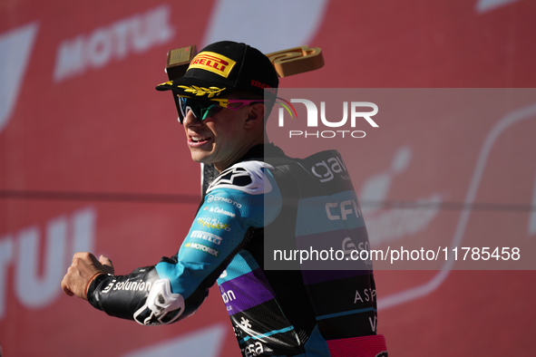 David Alonso (80) of Colombia and CFMoto Gaviota Aspar Team celebrates the victory after the race of the Motul Solidarity Grand Prix of Barc...