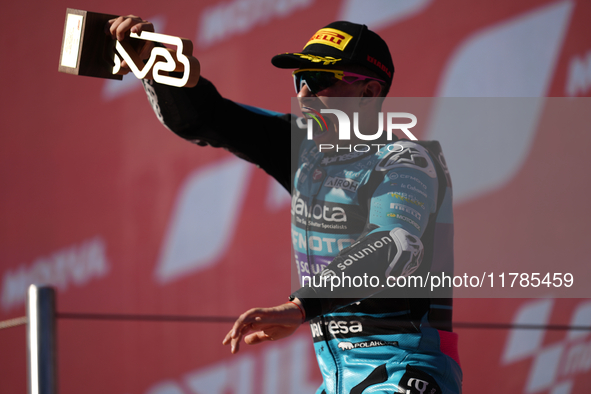 David Alonso (80) of Colombia and CFMoto Gaviota Aspar Team celebrates the victory after the race of the Motul Solidarity Grand Prix of Barc...