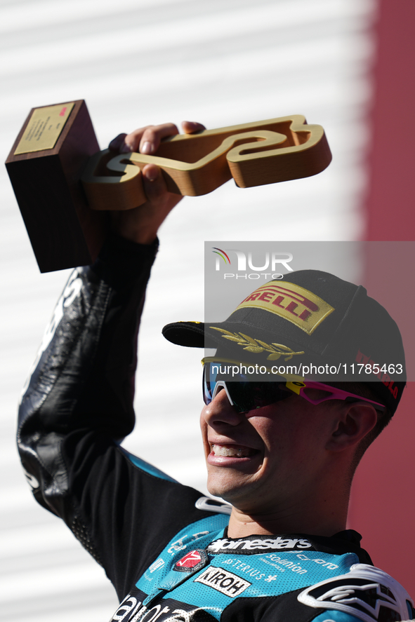 David Alonso (80) of Colombia and CFMoto Gaviota Aspar Team celebrates the victory after the race of the Motul Solidarity Grand Prix of Barc...