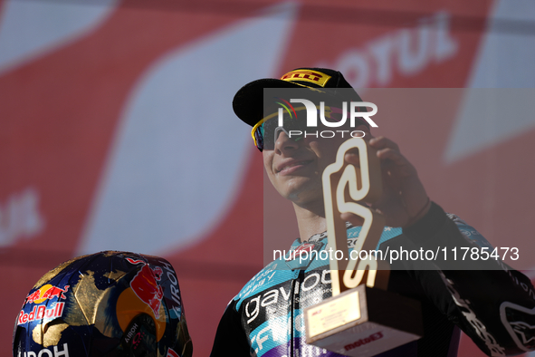 David Alonso (80) of Colombia and CFMoto Gaviota Aspar Team celebrates the victory after the race of the Motul Solidarity Grand Prix of Barc...