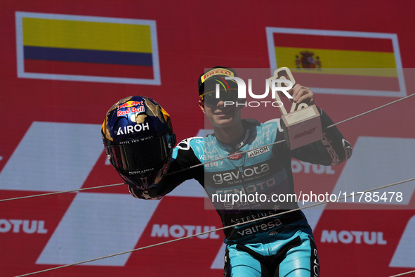 David Alonso (80) of Colombia and CFMoto Gaviota Aspar Team celebrates the victory after the race of the Motul Solidarity Grand Prix of Barc...