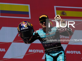 David Alonso (80) of Colombia and CFMoto Gaviota Aspar Team celebrates the victory after the race of the Motul Solidarity Grand Prix of Barc...