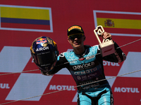 David Alonso (80) of Colombia and CFMoto Gaviota Aspar Team celebrates the victory after the race of the Motul Solidarity Grand Prix of Barc...