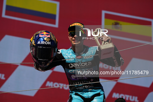 David Alonso (80) of Colombia and CFMoto Gaviota Aspar Team celebrates the victory after the race of the Motul Solidarity Grand Prix of Barc...