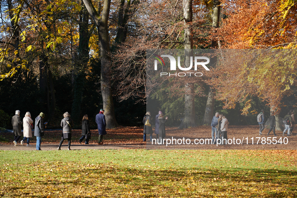 Visitors enjoy a sunny autumn day in the English Garden in Munich, Bavaria, Germany, on November 16, 2024. The vibrant golden and orange hue...