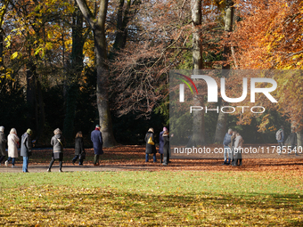 Visitors enjoy a sunny autumn day in the English Garden in Munich, Bavaria, Germany, on November 16, 2024. The vibrant golden and orange hue...