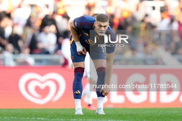 Artem Dovbyk of AS Roma looks on during the Serie A Enilive match between AS Roma and Bologna FC at Stadio Olimpico on November 10, 2024 in...