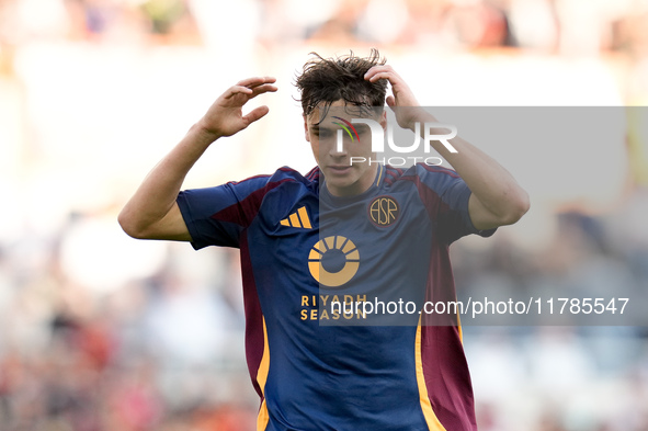 Niccolo' Pisilli of AS Roma looks dejected during the Serie A Enilive match between AS Roma and Bologna FC at Stadio Olimpico on November 10...