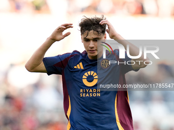 Niccolo' Pisilli of AS Roma looks dejected during the Serie A Enilive match between AS Roma and Bologna FC at Stadio Olimpico on November 10...