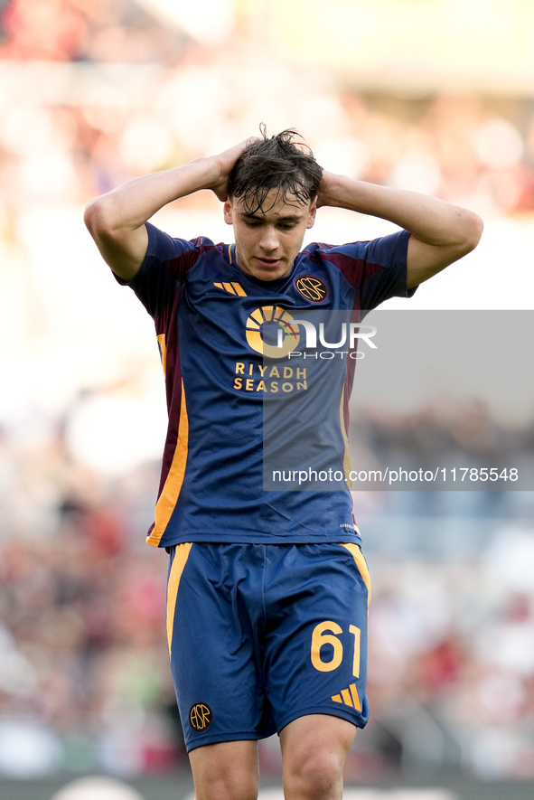 Niccolo' Pisilli of AS Roma looks dejected during the Serie A Enilive match between AS Roma and Bologna FC at Stadio Olimpico on November 10...