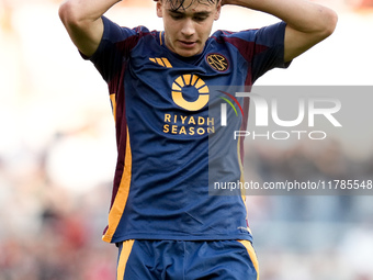 Niccolo' Pisilli of AS Roma looks dejected during the Serie A Enilive match between AS Roma and Bologna FC at Stadio Olimpico on November 10...