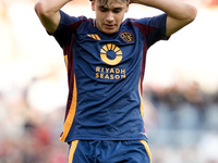 Niccolo' Pisilli of AS Roma looks dejected during the Serie A Enilive match between AS Roma and Bologna FC at Stadio Olimpico on November 10...