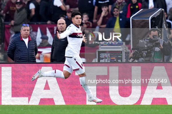 Santiago Castro of Bologna FC celebrates after scoring first goal during the Serie A Enilive match between AS Roma and Bologna FC at Stadio...