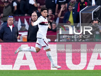 Santiago Castro of Bologna FC celebrates after scoring first goal during the Serie A Enilive match between AS Roma and Bologna FC at Stadio...