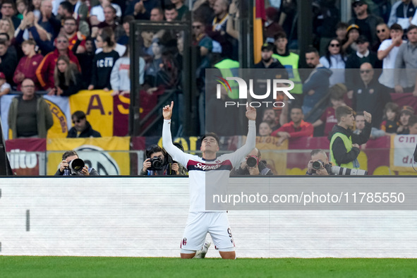 Santiago Castro of Bologna FC celebrates after scoring first goal during the Serie A Enilive match between AS Roma and Bologna FC at Stadio...