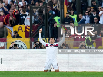 Santiago Castro of Bologna FC celebrates after scoring first goal during the Serie A Enilive match between AS Roma and Bologna FC at Stadio...