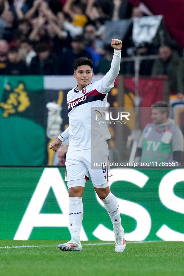 Santiago Castro of Bologna FC celebrates after scoring first goal during the Serie A Enilive match between AS Roma and Bologna FC at Stadio...