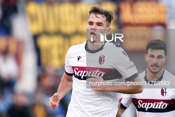 Thijs Dallinga of Bologna FC celebrates after scoring third goal later disallowed by VAR during the Serie A Enilive match between AS Roma an...