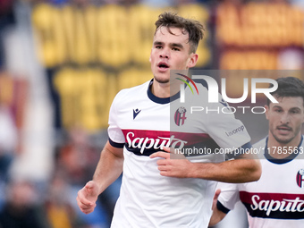 Thijs Dallinga of Bologna FC celebrates after scoring third goal later disallowed by VAR during the Serie A Enilive match between AS Roma an...