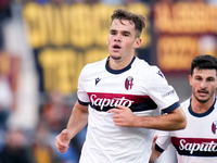 Thijs Dallinga of Bologna FC celebrates after scoring third goal later disallowed by VAR during the Serie A Enilive match between AS Roma an...