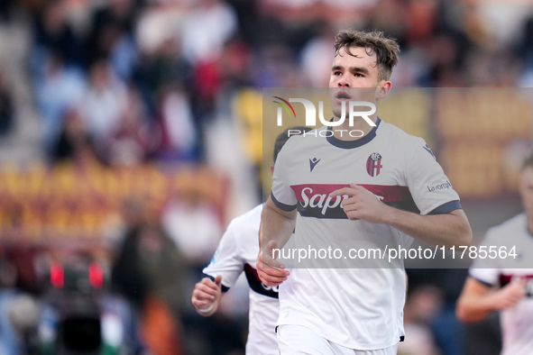 Thijs Dallinga of Bologna FC celebrates after scoring third goal later disallowed by VAR during the Serie A Enilive match between AS Roma an...