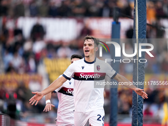 Thijs Dallinga of Bologna FC celebrates after scoring third goal later disallowed by VAR during the Serie A Enilive match between AS Roma an...