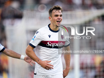 Thijs Dallinga of Bologna FC celebrates after scoring third goal later disallowed by VAR during the Serie A Enilive match between AS Roma an...