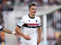 Thijs Dallinga of Bologna FC celebrates after scoring third goal later disallowed by VAR during the Serie A Enilive match between AS Roma an...