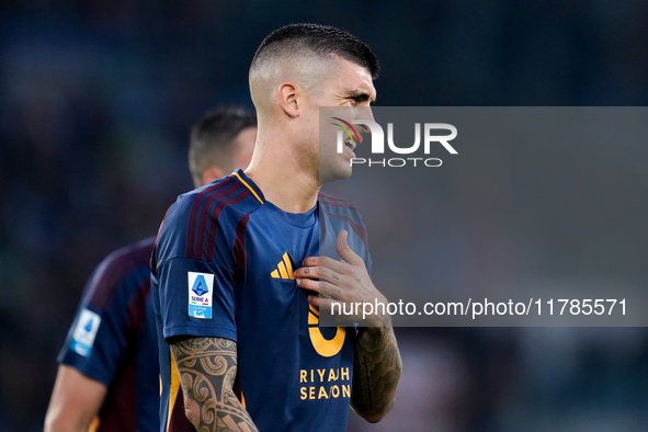 Gianluca Mancini of AS Roma reacts during the Serie A Enilive match between AS Roma and Bologna FC at Stadio Olimpico on November 10, 2024 i...