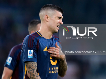 Gianluca Mancini of AS Roma reacts during the Serie A Enilive match between AS Roma and Bologna FC at Stadio Olimpico on November 10, 2024 i...