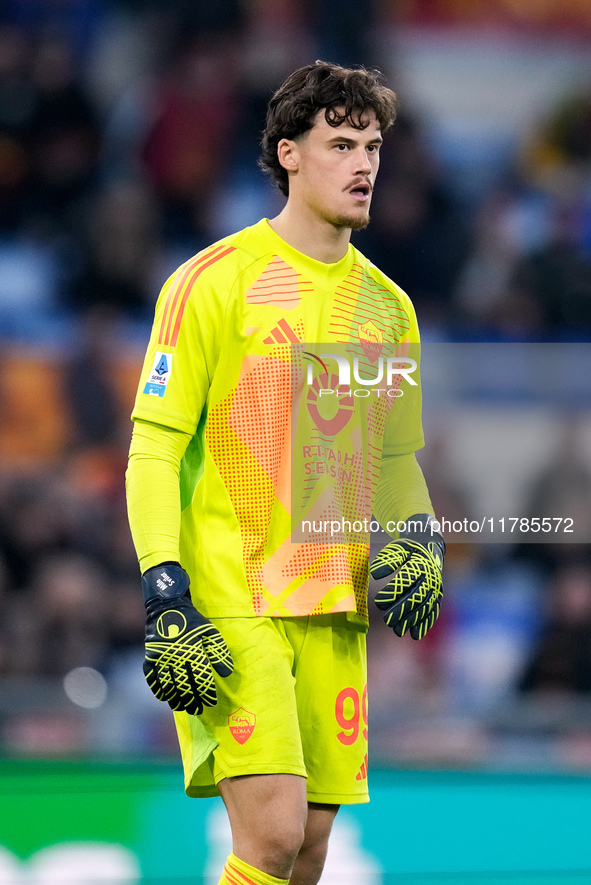 Mile Svilar of AS Roma looks on during the Serie A Enilive match between AS Roma and Bologna FC at Stadio Olimpico on November 10, 2024 in R...