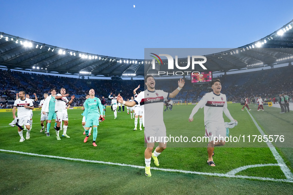 Riccardo Orsolini of Bologna FC celebrates the victory at the end of the Serie A Enilive match between AS Roma and Bologna FC at Stadio Olim...