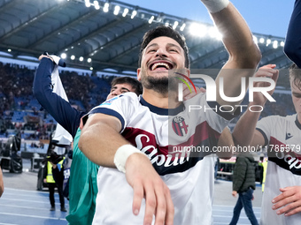 Riccardo Orsolini of Bologna FC celebrates the victory at the end of the Serie A Enilive match between AS Roma and Bologna FC at Stadio Olim...