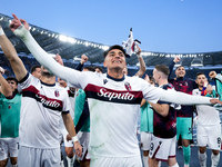 Santiago Castro of Bologna FC celebrates the victory at the end of the Serie A Enilive match between AS Roma and Bologna FC at Stadio Olimpi...