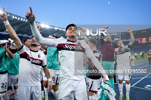 Santiago Castro of Bologna FC celebrates the victory at the end of the Serie A Enilive match between AS Roma and Bologna FC at Stadio Olimpi...