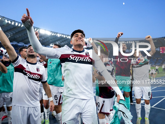 Santiago Castro of Bologna FC celebrates the victory at the end of the Serie A Enilive match between AS Roma and Bologna FC at Stadio Olimpi...