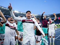 Santiago Castro of Bologna FC celebrates the victory at the end of the Serie A Enilive match between AS Roma and Bologna FC at Stadio Olimpi...