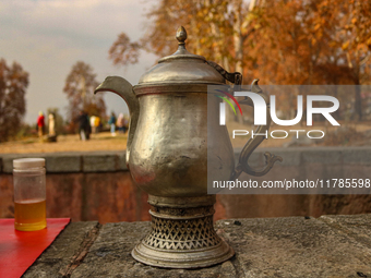 A Kashmiri traditional samovar is pictured inside a Mughal garden during an autumn day in Srinagar, Jammu and Kashmir, on November 17, 2024....